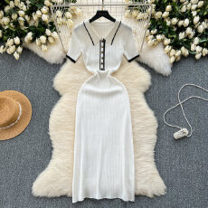 批发韩国拼色短袖高级感Polo领冰丝针织连衣裙女夏法式OL修身包臀长裙