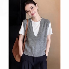 欧货高端灰色假两件针织短袖T恤女夏季新款时尚百搭半袖上衣