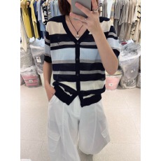 夏季新款韩系撞色条纹V领针织开衫女装短袖减龄遮肉薄款上衣外穿