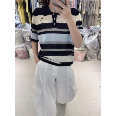 夏季新款条纹拼色短袖针织衫女薄款撞色宽松显瘦修身POLO领上衣