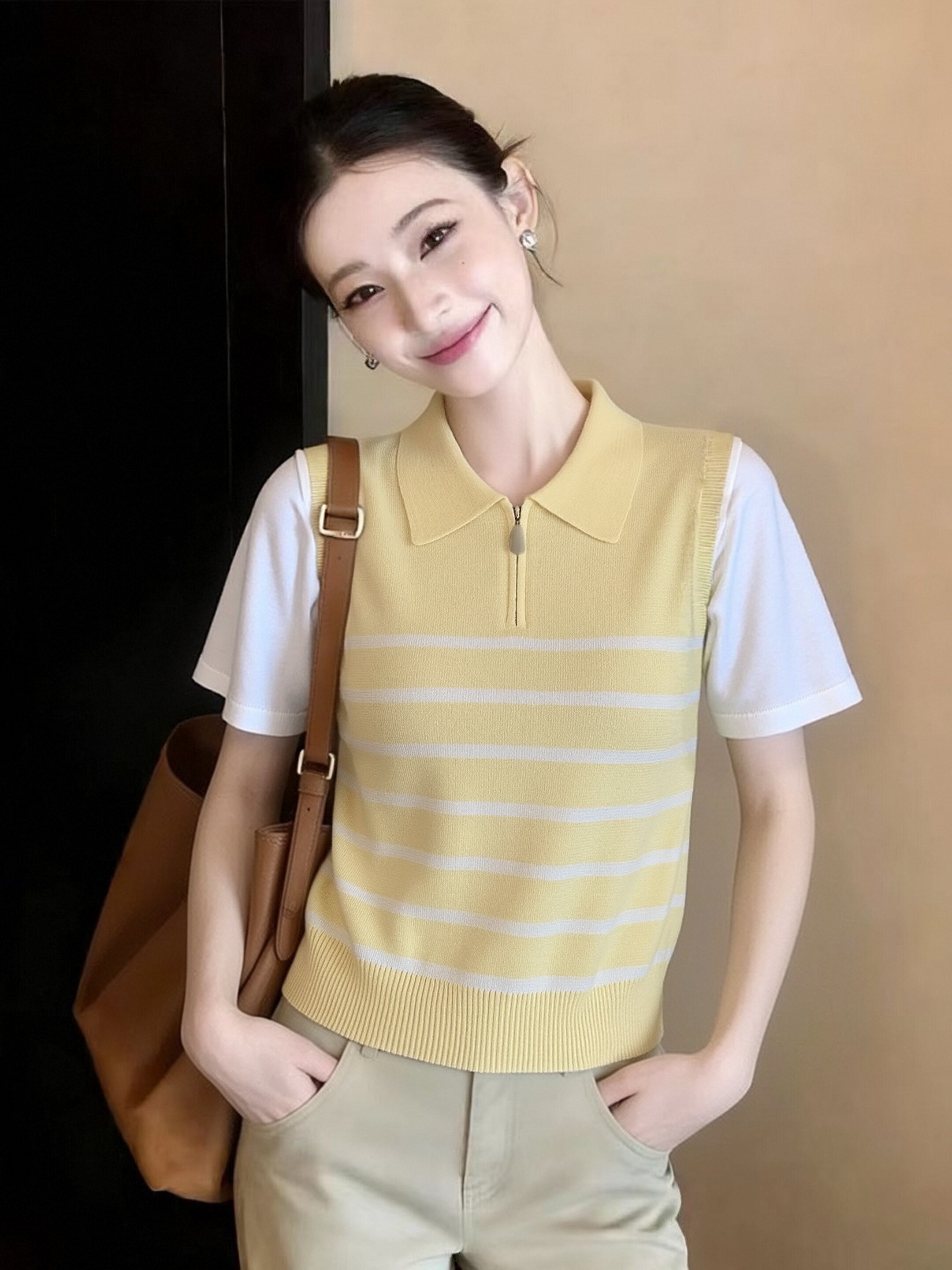 한 부서 배색 페이크 레이어드 니트 스웨터 여성 여름 섹션 학원 스타일 하프 지퍼 반팔 POLO 셔츠 디자인 센스 맨위