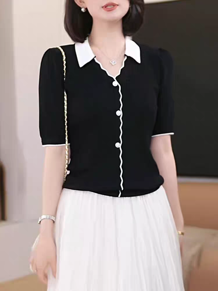 배색 측면 폴로 칼라 긍정적 인 어깨 반팔 니트 스웨터 여성 2026 여름 새로운 고급 센스 품격 캐주얼 슬림해 보이는 맨위