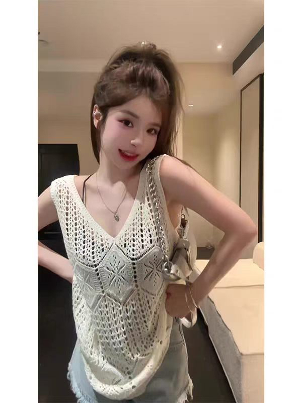 프랑스식 작은 대중 고유 한 레트로 홀로우 아웃 카키 색 V넥 니트 조끼 여성 여름 Chic 어깨 베스트 맨위