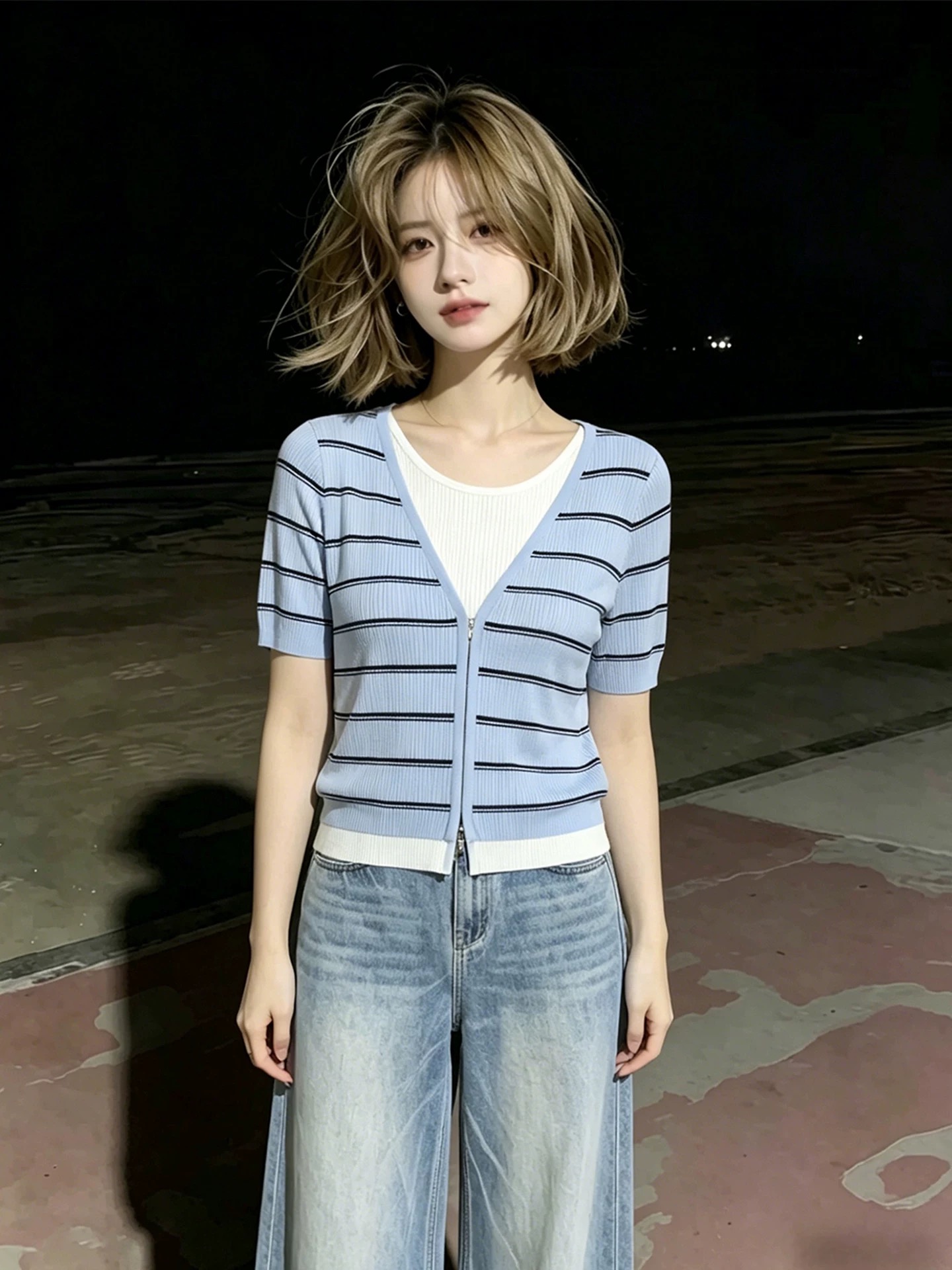 블루 화이트 패치워크 페이크 레이어드 라운드 넥 스트라이프 반팔 티셔츠 여성 2026 여름 도파민 튀김 거리 그레이트 봐. 의류