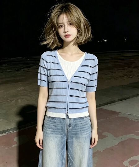 블루 화이트 패치워크 페이크 레이어드 라운드 넥 스트라이프 반팔 티셔츠 여성 2026 여름 도파민 튀김 거리 그레이트 봐. 의류