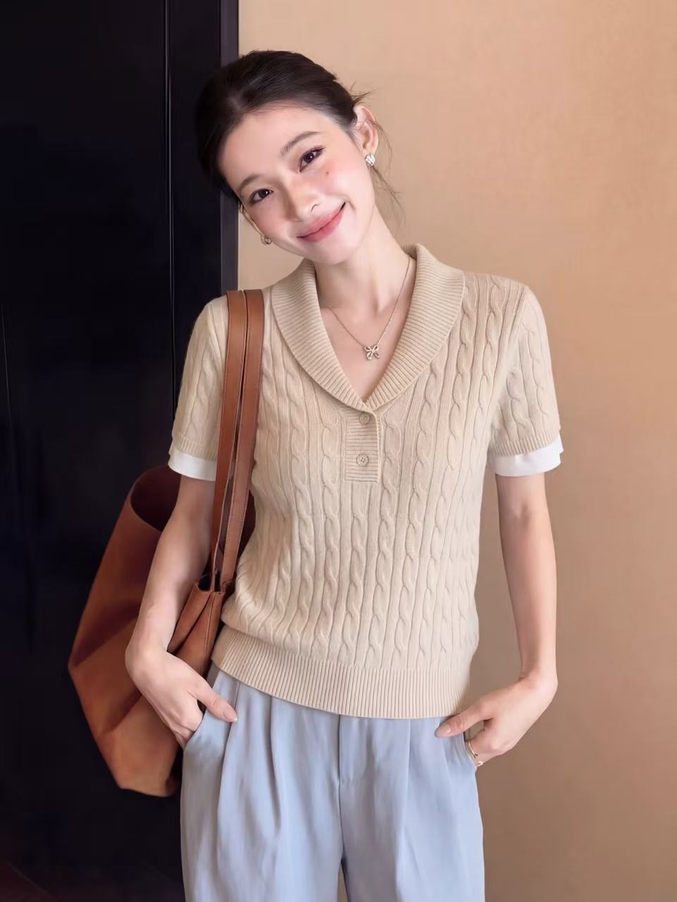 오래된 돈 바람 카키 색 폴로 칼라 니트 반팔 티셔츠 여성 여름 몸매 가꾸기 품격 고유 한 아름다운 그레이트 봐. 의류