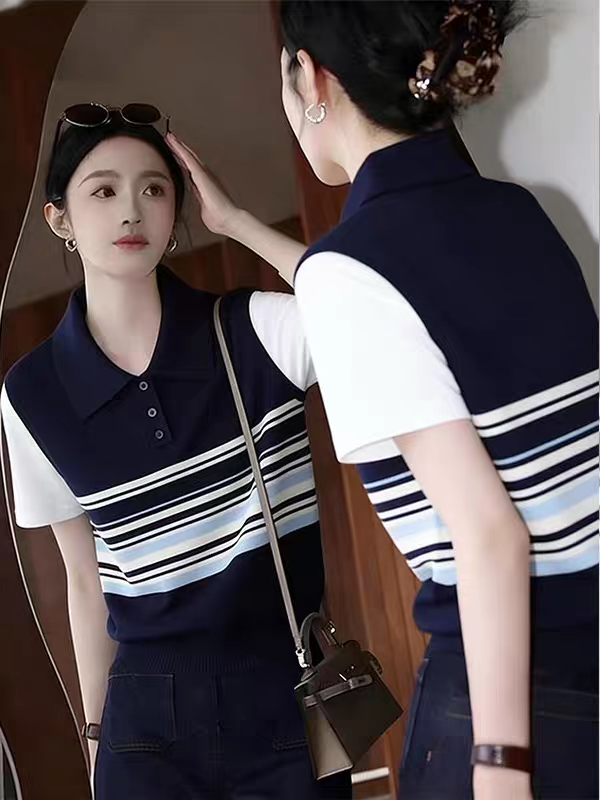 한 부서 POLO 칼라 페이크 레이어드 스트라이프 니트 반팔 티셔츠 여성 여름 블루 색상 패치워크 맨위