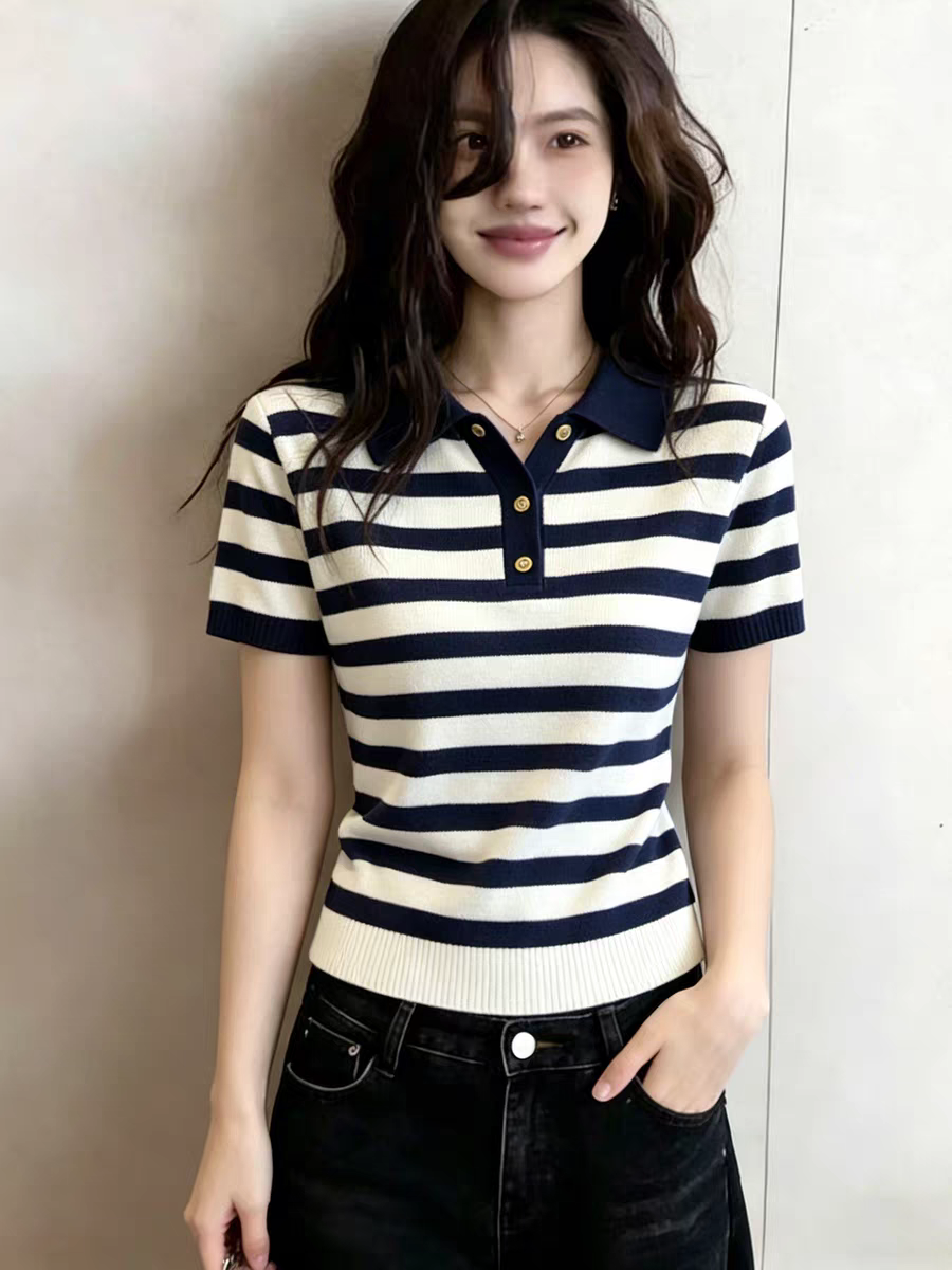 표지 배 스트라이프 POLO 칼라 얼음 실크 짧은 소매 위버 봄 여름 얇은 스타일 트렌드 티셔츠 루즈핏 맨위