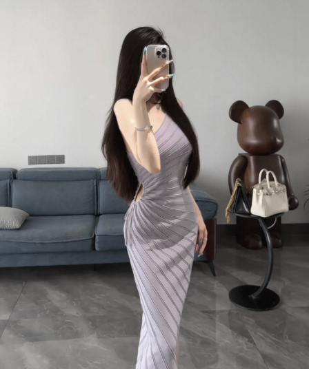 한국 품격 비스듬한 어깨 얼음 실크 드레스 작은 심장 기계 유럽과 미국 나이트 클럽 핫걸 순수한 욕망 레이스업 불규칙 ol 롱 스커트