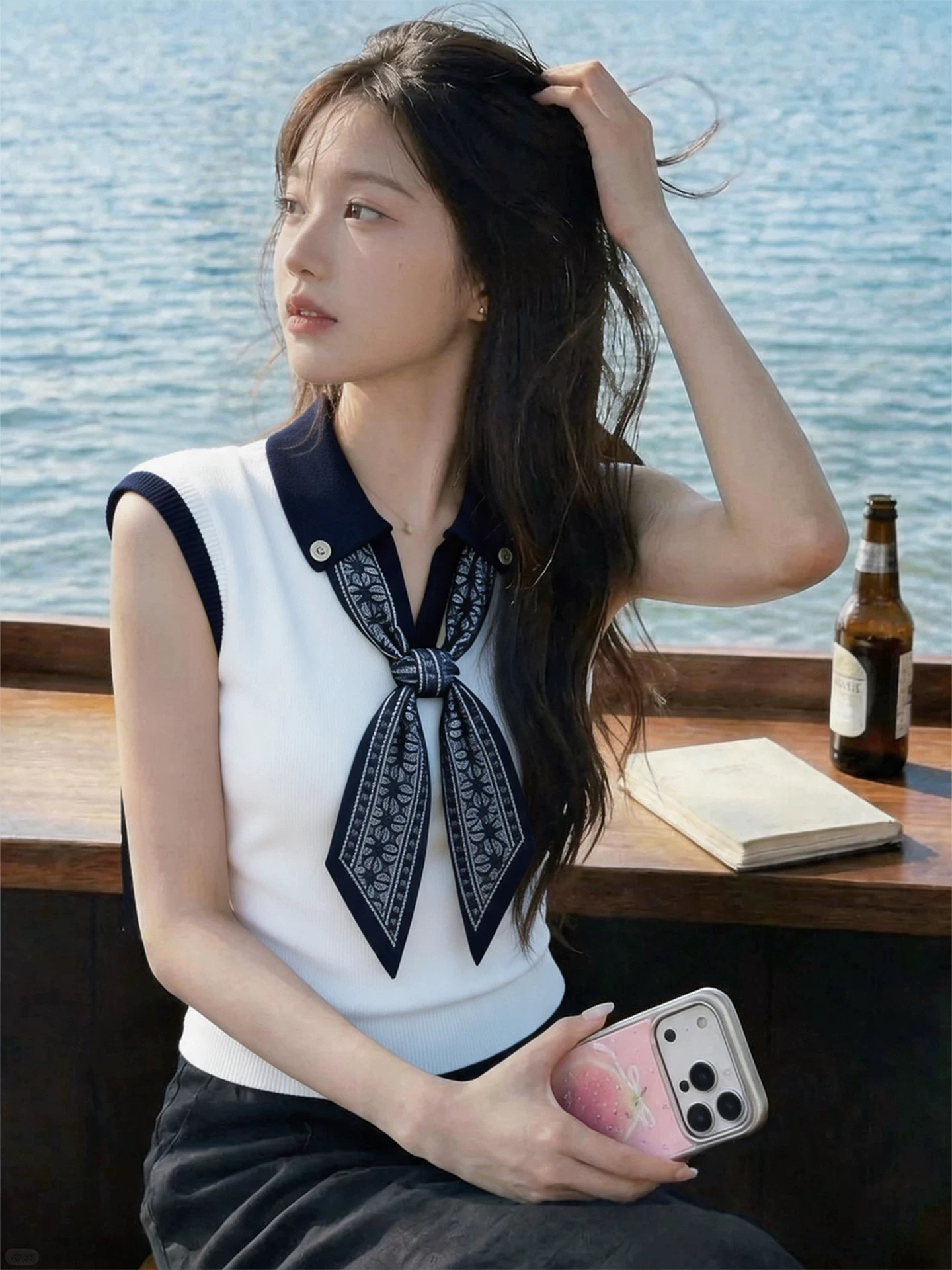 2026 슈퍼 화재 연령 감소 스카프 폴로 칼라 회색 조끼 여름 여성 의류 몸매 가꾸기 민소매 티셔츠 맨위 인사이드 가져 가라. 외출용