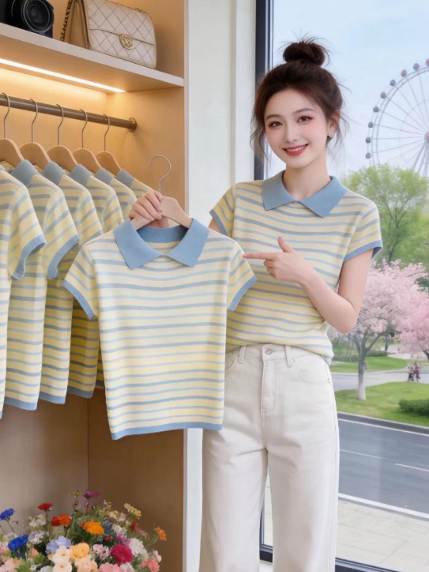 한 부서 파란색 스트라이프 폴로 칼라 긍정적 인 어깨 반팔 니트 스웨터 여성 2026 여름 빅 사이즈 지방 mm 몸매 가꾸기 슬림해 보이는 맨위