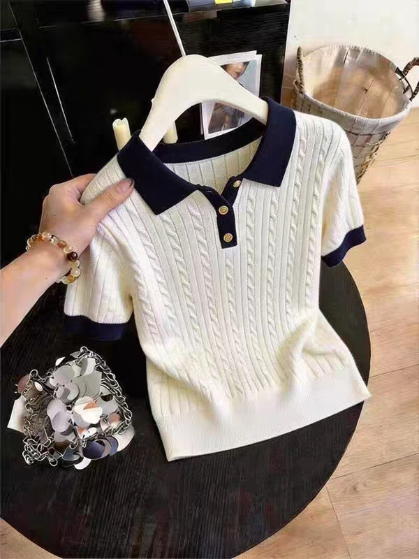 한 부서 얼음 실크 POLO 셔츠 티셔츠 여성 여름 얇은 스타일 작은 키 꽈배기 니트 반팔 쇼트 스타일 폴로 칼라 맨위