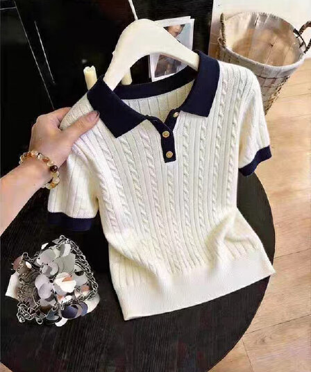 한 부서 얼음 실크 POLO 셔츠 티셔츠 여성 여름 얇은 스타일 작은 키 꽈배기 니트 반팔 쇼트 스타일 폴로 칼라 맨위