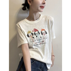 批发卡通<b class='q'>可爱</b>戴帽小狗印花短袖T恤女夏季新款圆领体恤打底衫内搭上衣