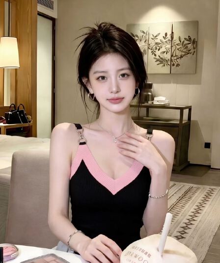 아메리칸 핫걸 바람 배색 V넥 니트 캐미솔 빅 사이즈 지방 mm 외출용 표지 배 슬림해 보이는 그레이트 봐. 의류