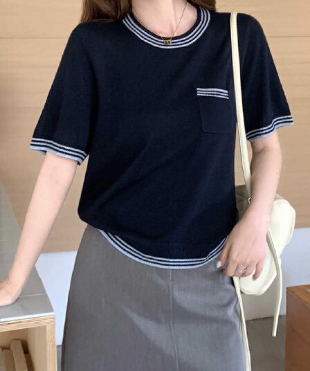 한 부서 미니멀리즘 배색 라운드 넥 디자인 센스 니트 티셔츠 여성 여름 캐주얼 다용도 슬림해 보이는 반팔 인사이드 잡아라. 의류