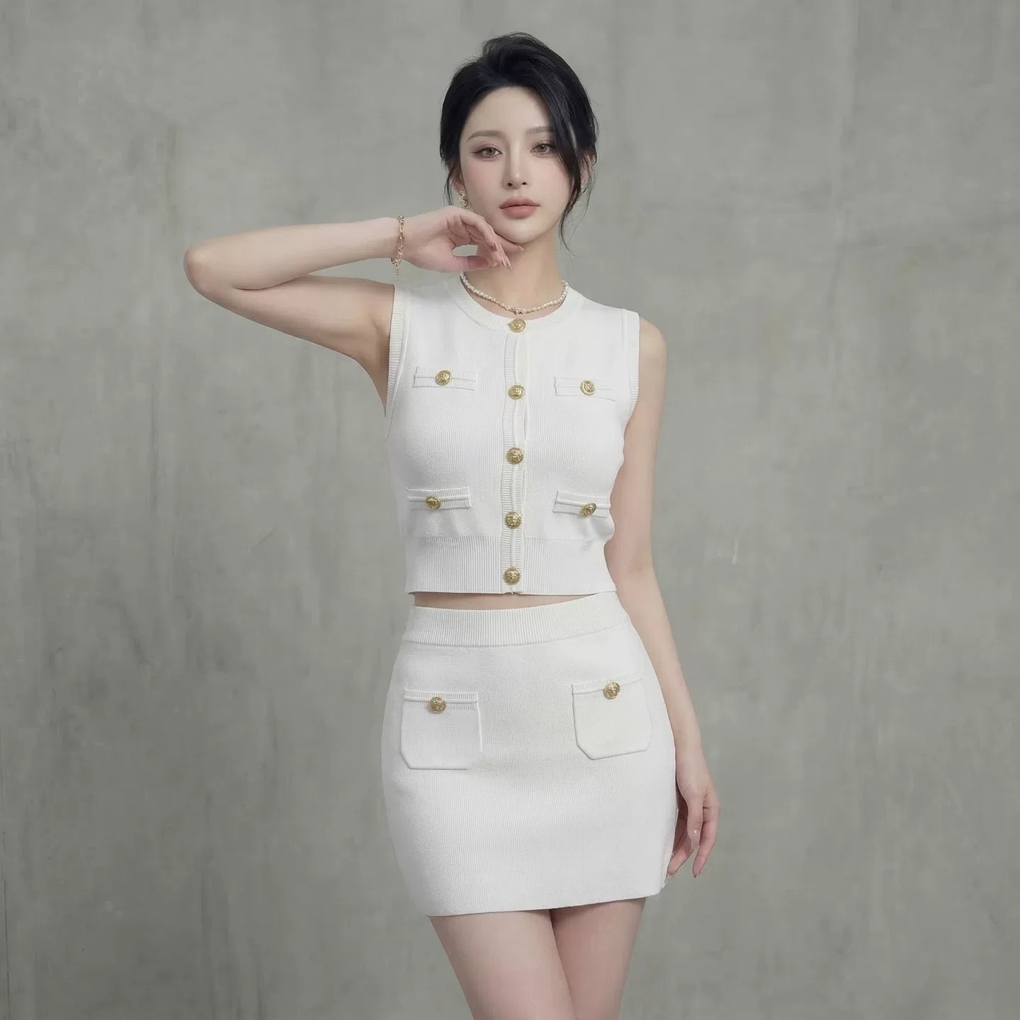 복숭아 직접 만든 우유 가스 천 골드 높은 품질 가져 오기 기계직 한 부서 민소매 품격 더블 노래 니트 세트