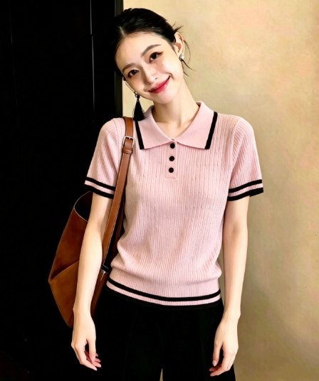 한 부서 부드러운 바람 핑크색 POLO 칼라 반팔 니트 스웨터 여성 여름 새로운 고유 한 아름다운 몸매 가꾸기 다용도 맨위