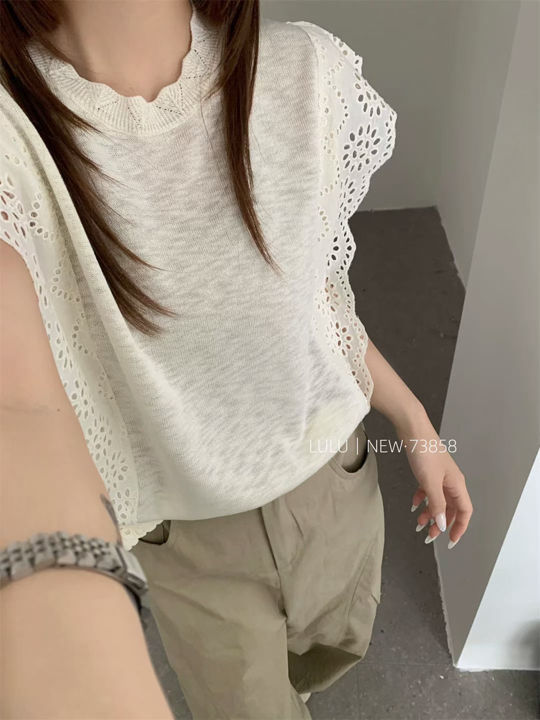 빅 사이즈 여름 얇은 모방 아마 니트 스웨터 티셔츠 여성 한 부서 레트로 레이스 레이스 민소매 홀로우 아웃 맨위