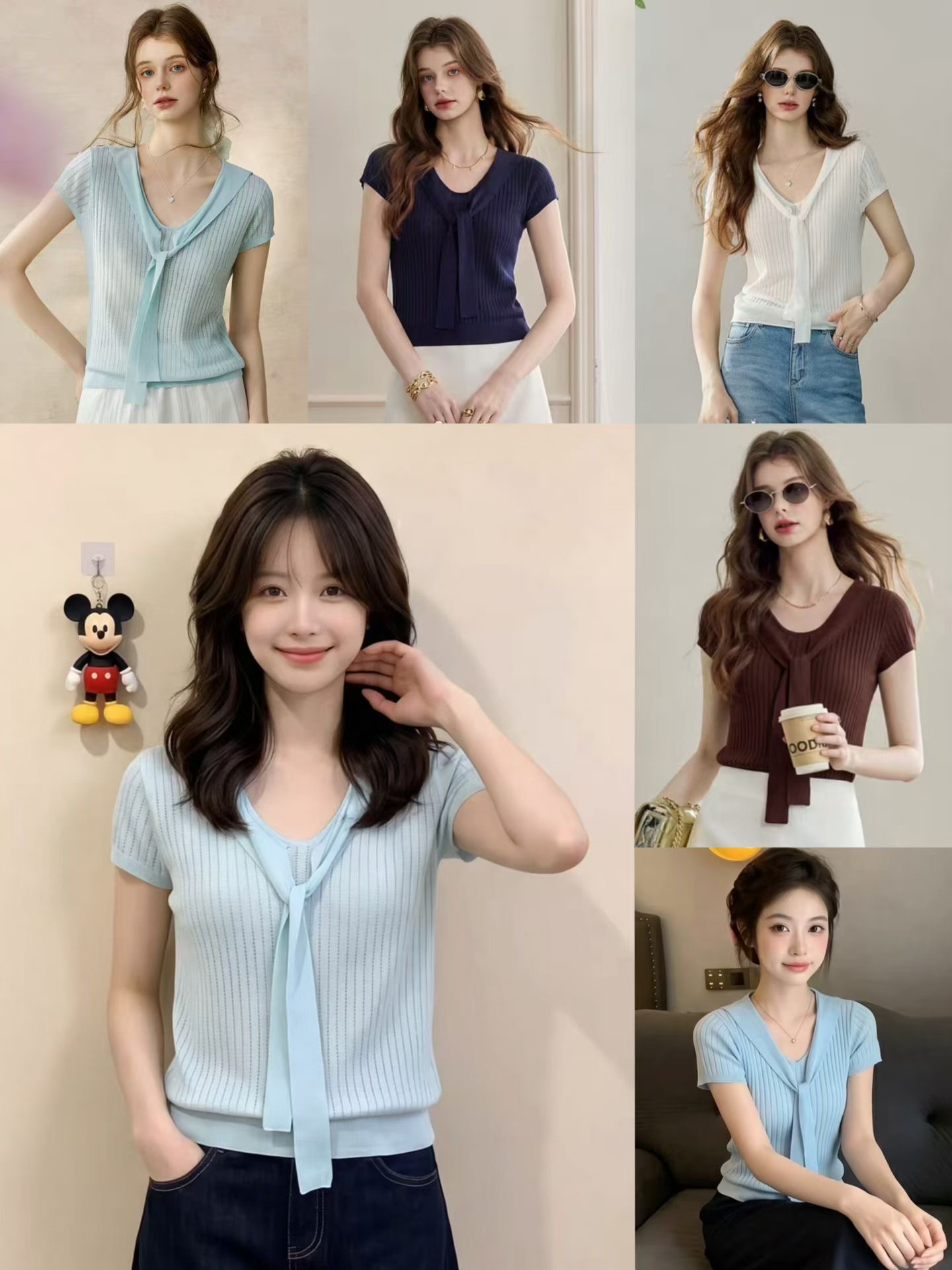 여름 새로운 부드러운 바람 리본 스트랩 단색 반팔 니트 스웨터 여성 편안함 작은 셔츠 맨위 여성
