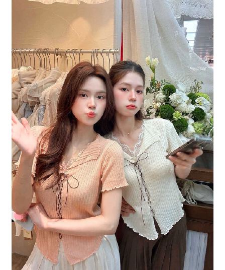 여름 새로운 한 부서 레이스 조각 V넥 디자인 센스 반팔 니트 맨위 여성 레저 다용도