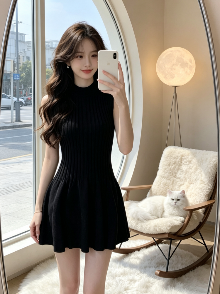 2026 년 그는 벤 바람 단색 허리 수축 라운드 넥 민소매 여성 드레스 여름 품격 미니멀리즘 슬림해 보이는 작은 검은 드레스