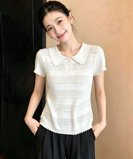 2026 여름 새로운 빛 럭셔리 바람 화이트 홀로우 아웃 레이스 POLO 칼라 반팔 니트 스웨터 여성 티셔츠 연령 감소 맨위