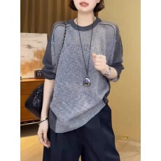 批发竹节麻撞色针织t恤女<b class='q'>春</b>夏防晒罩衫2026年新款韩系显瘦薄款上衣