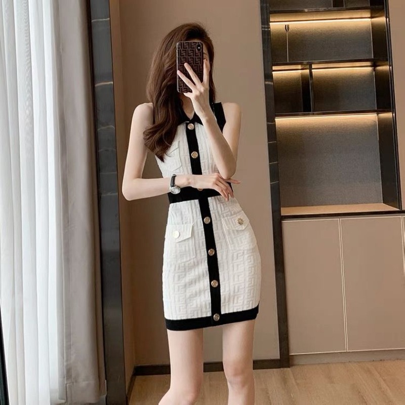 POLO 칼라 얼음 실크 니트 조끼 원피스 홍콩 느낌 고급 센스 작은 키 심장 기계 핫걸 ol 미니 스커트 여름
