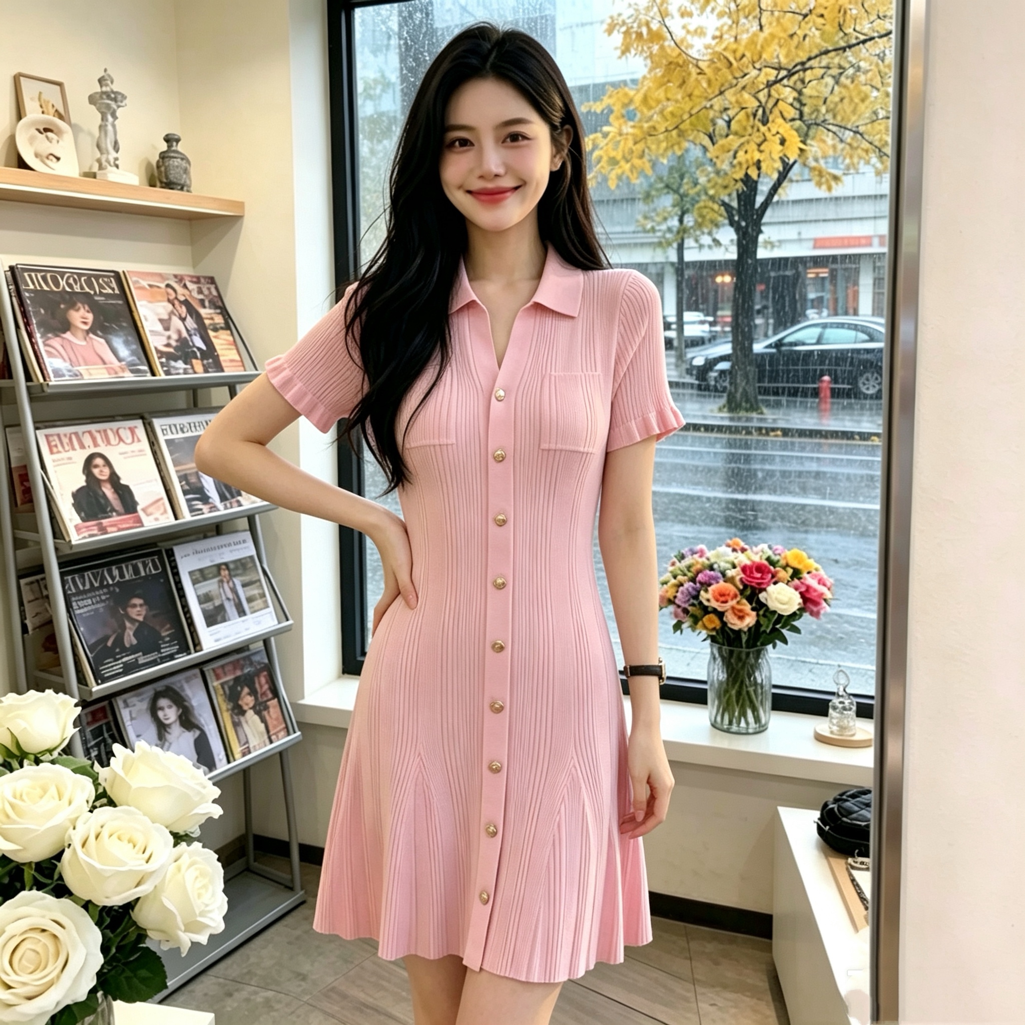 2026 년 여름 새로운 여성 빛 럭셔리 바람 POLO 칼라 니트 드레스 여성용 짧은 소매 허리 수축 슬림해 보이는 품격 치마