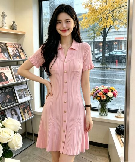 2026 년 여름 새로운 여성 빛 럭셔리 바람 POLO 칼라 니트 드레스 여성용 짧은 소매 허리 수축 슬림해 보이는 품격 치마