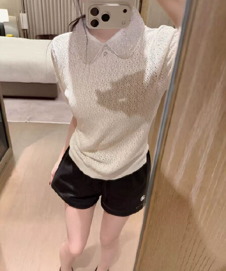 프랑스식 샤오시엔 천 금빛 바람 비즈 박기 베이비 칼라 얼음 실크 니트 스웨터 반팔 여성 여름 품격 홀로우 아웃 통기성 맨위