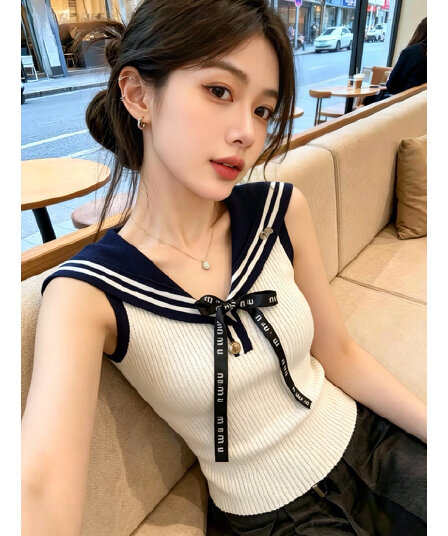 배색 해군 칼라 나비 매듭 니트 조끼 여성 2026 여름 새로운 고급 센스 몸매 가꾸기 맨위