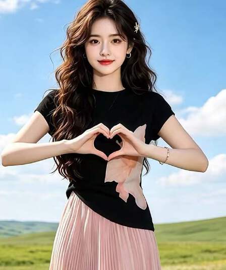 수채화 꽃 반팔 니트 스웨터 여성 여름 새로운 디자인 센스 검정색 몸매 가꾸기 슬림해 보이는 다용도 작은 대중 맨위 트렌디