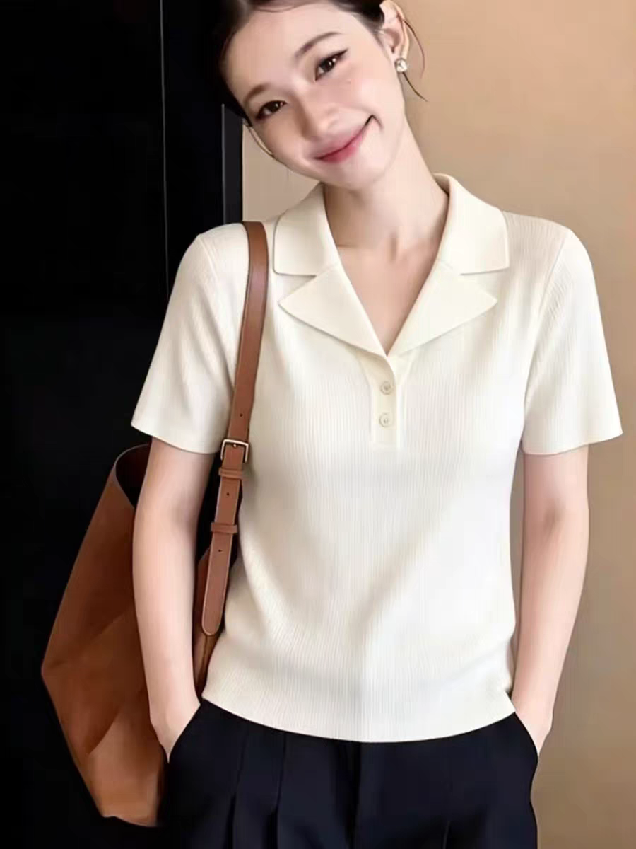 여름 새로운 프랑스식 정장 폴로 칼라 polo 니트 반팔 단색 몸매 가꾸기 슬림해 보이는 캐주얼 여성 가스 질감 맨위