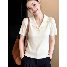 批发夏季新款法式<b class='q'>西装</b>翻领POLO针织短袖纯色<b class='q'>修身</b>显瘦休闲女气质感上衣