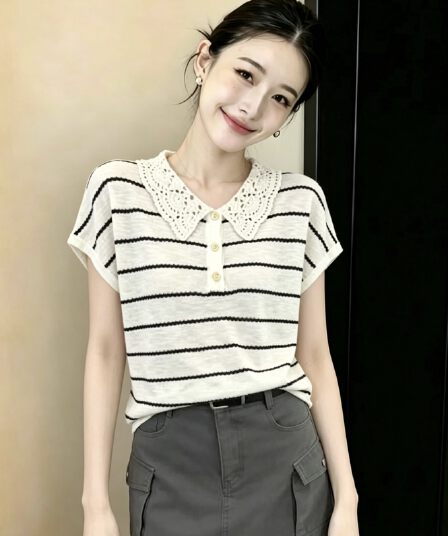 베이비 칼라 홀로우 아웃 배색 스트라이프 Feifei 소매 얇은 스타일 맨위 2026 여름 새로운 한 부서 루즈핏 쇼트 스타일 티셔츠