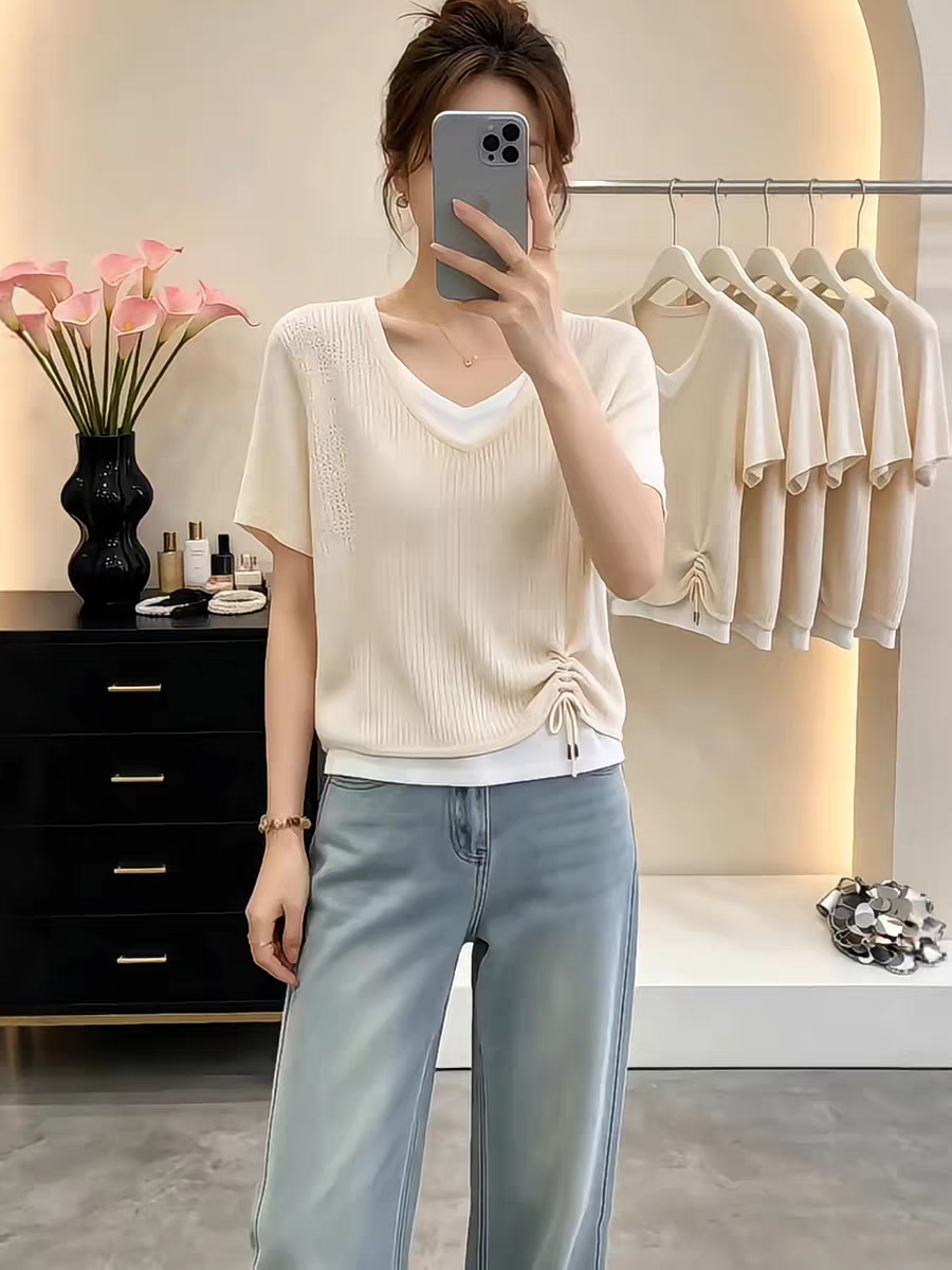 유럽 상품 페이크 레이어드 패치워크 반팔 티셔츠 여성 여름 2026 새로운 펌프 로프 허리 수축 슬림해 보이는 디자인 센스 맨위
