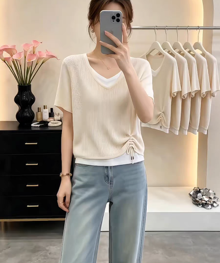 유럽 상품 페이크 레이어드 패치워크 반팔 티셔츠 여성 여름 2026 새로운 펌프 로프 허리 수축 슬림해 보이는 디자인 센스 맨위