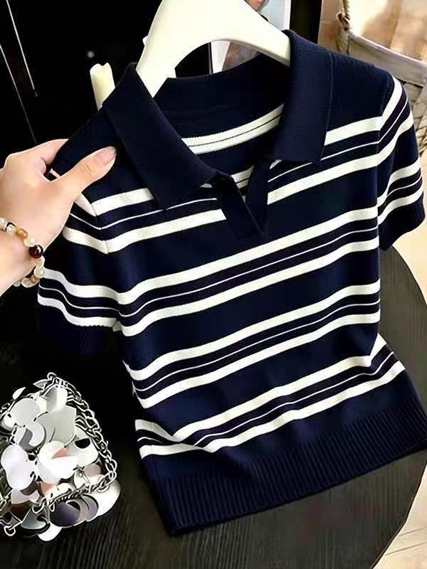 학원 스타일 스트라이프 POLO 칼라 니트 반팔 티셔츠 여성 여름 2026 새로운 작은 키 외국 가스 연령 감소 맨위