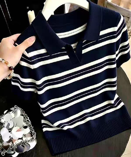 학원 스타일 스트라이프 POLO 칼라 니트 반팔 티셔츠 여성 여름 2026 새로운 작은 키 외국 가스 연령 감소 맨위