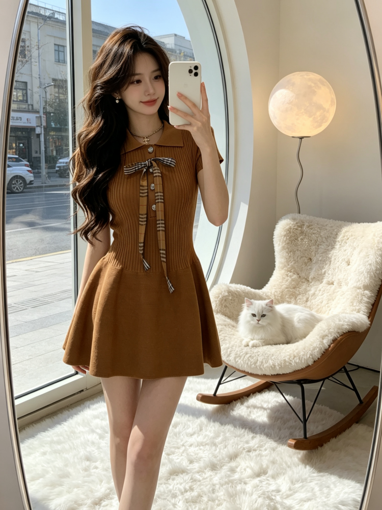 그는 벤 바람 POLO 칼라 허리 수축 니트 여성 드레스 여름 작은 키 나비 매듭 외국 가스 고급 센스 슬림해 보이는 미니 스커트