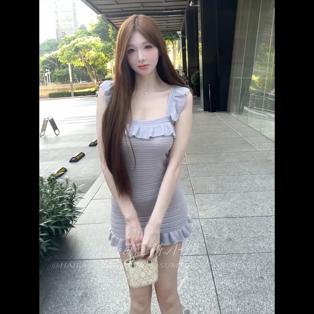 Jiaojiao 길다 달콤함 부드러운 바람 광장 칼라 여성 드레스 여름 디자인 센스 작은 대중 몸매 가꾸기 슬림해 보이는 타이트 스커트 미니 스커트