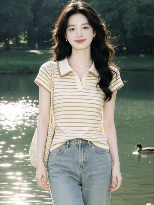 베이지 색 POLO 칼라 티셔츠 여성 2026 여름 몸매 가꾸기 반팔 스트라이프 여름 착용 가져 가라. 아니요 명중 섹션 빛 요리 한 바람 맨위