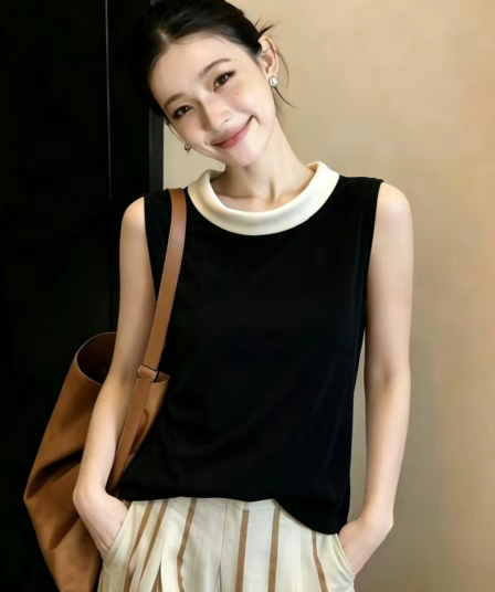 프랑스식 배색 흔들다 칼라 민소매 여성 셔츠 여름 얇은 스타일 벨벳 조끼 2026 새로운 빛 럭셔리 품격 슬림해 보이는 맨위