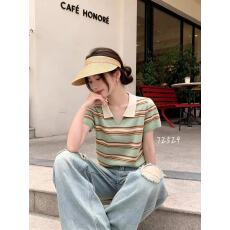 批发2026夏季新款韩版时尚百搭翻领拼接撞色短袖针织衫女上衣