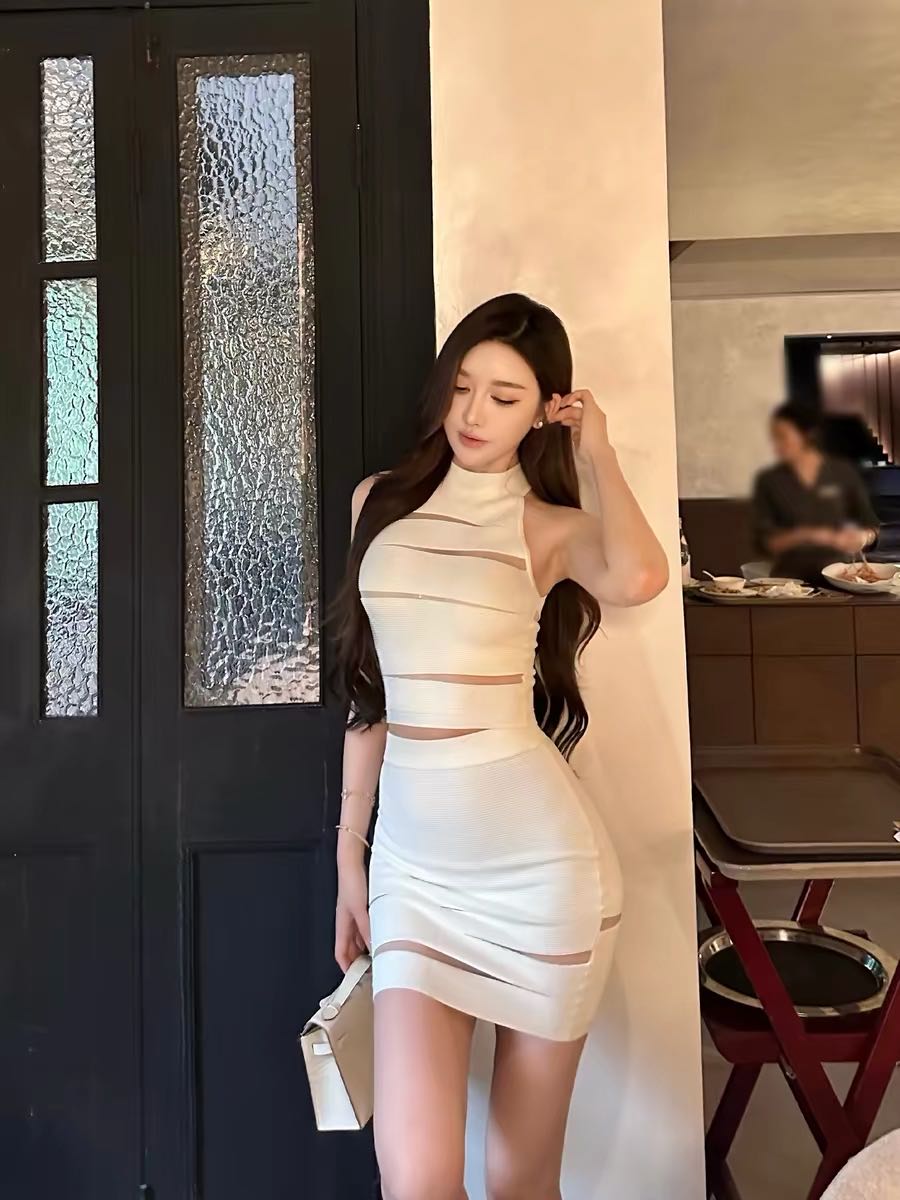 망사 패치워크 홀로우 아웃 민소매 행침 목 조끼 여성 여름 디스플레이 몸 세트 순수한 욕망 타이트 스커트 반신 스커트 투피스 세트
