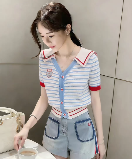 학원 스타일 패치워크 해군 칼라 스트라이프 니트 오픈 가디건 여성 여름 반팔 디자인 센스 작은 키 다용도 슬림해 보이는 맨위