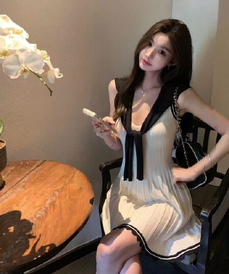 한 부서 통기성 배색 숄 드레스 투피스 세트 여름 드레스