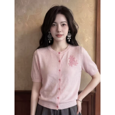 批发漂亮刺绣针织<b class='q'>开衫</b>女夏小个子精致设计感减龄洋气粉色短袖t恤上衣